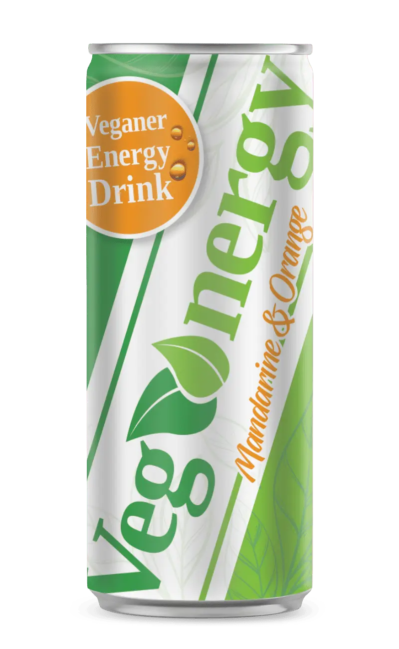 Vegenergy Mandarine&Orange Energy Drink in einer grün-weißen Dose mit 250 ml Inhalt